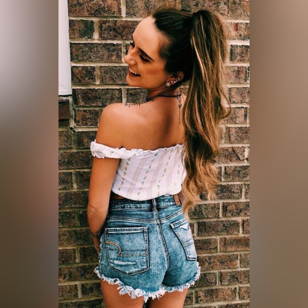 Forever21 Floral Square Neck Crop Off-Shoulder Dainty Cottagecore Peasant Shirt